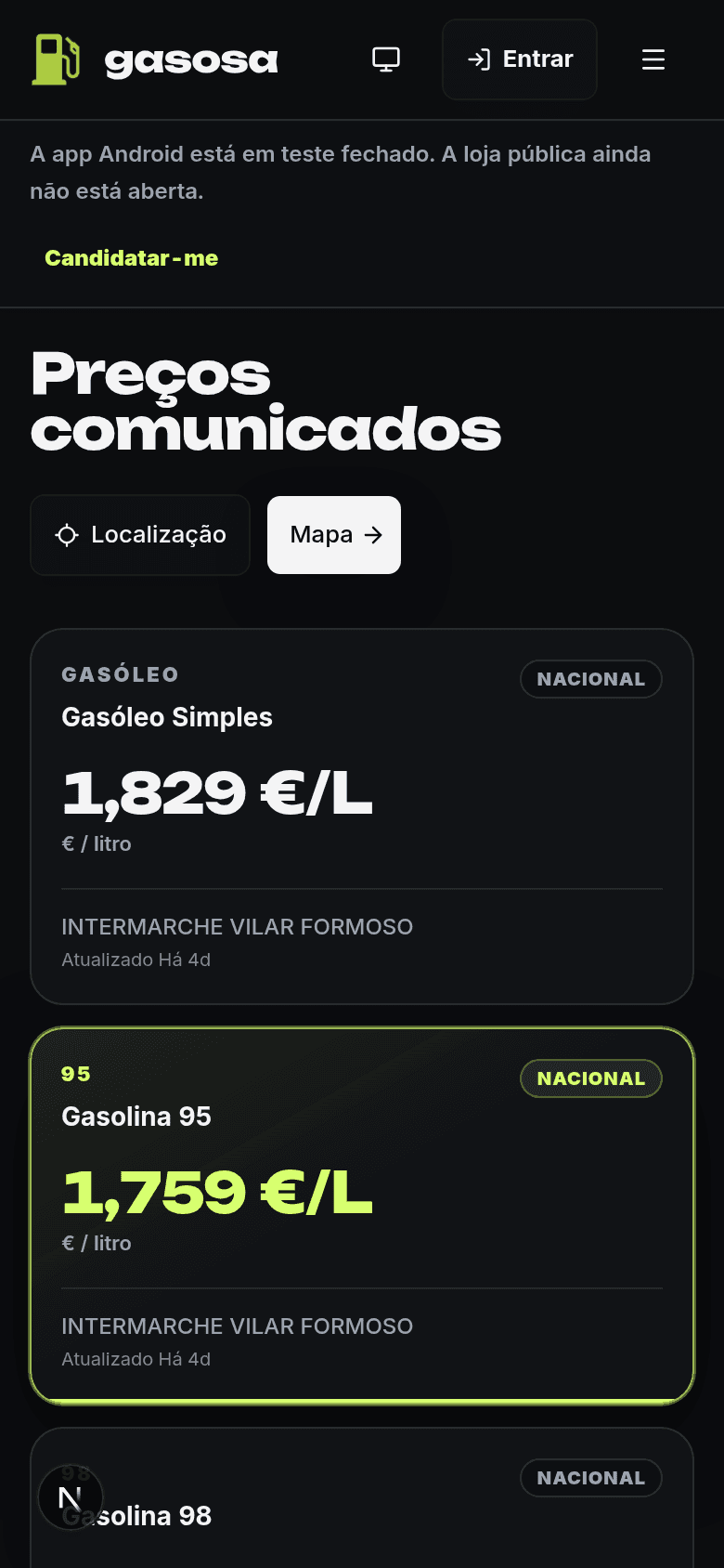 A app da Gasosa num telemóvel: os preços dos combustíveis com os Postos mais baratos destacados